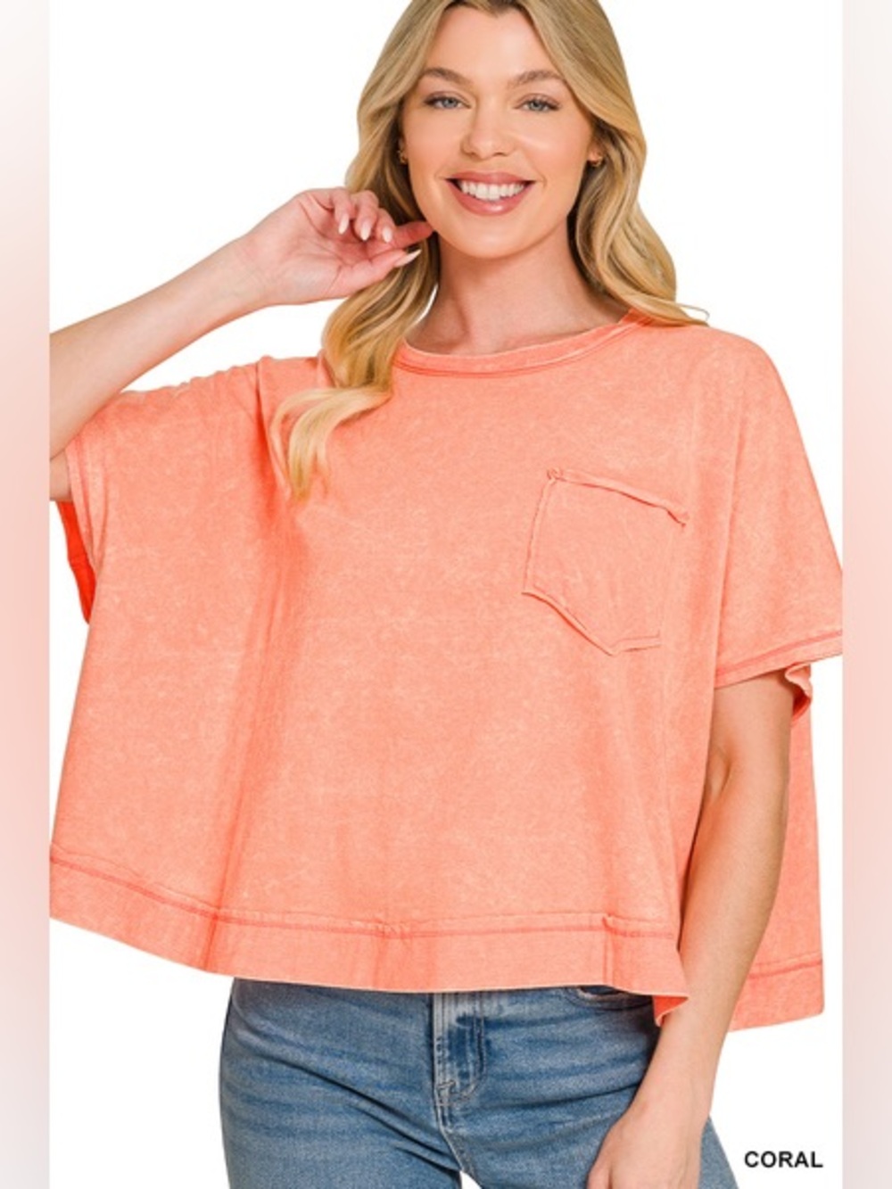 Zenana Washed Coral Short Sleeve Pocket Tee - Women's Top